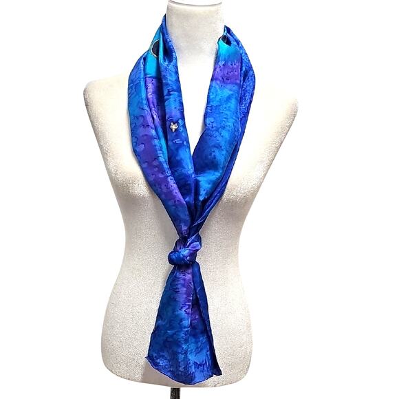 Signed Vibrant Blue Purple Gold White Silk Neck Scarf Gorgeous Floral Design - Picture 6 of 10